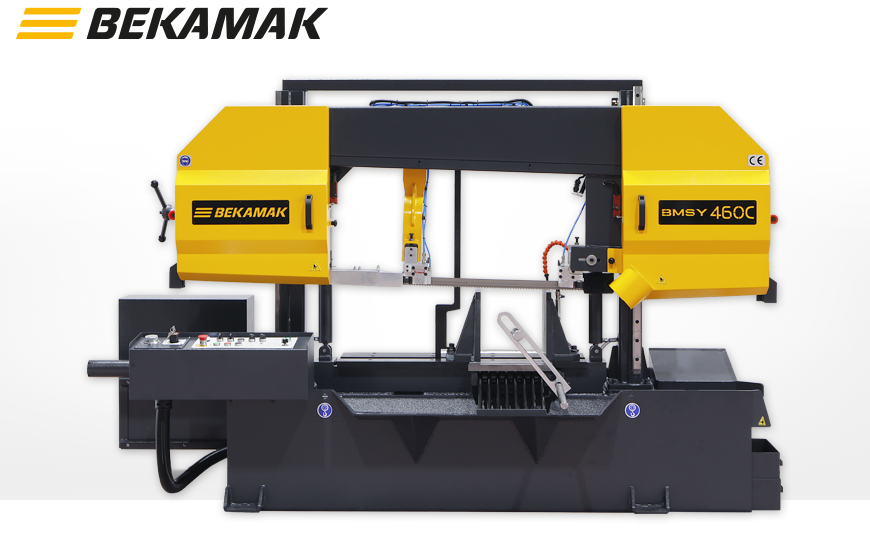 Halbautomatische Bandsäge BEKA-MAK BMSY 460 C mit doppelt geführten Sägerahmen für eine präzise Schnittführung mit Linearführung.