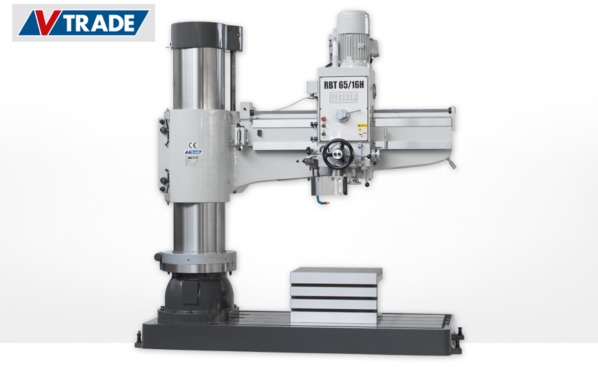 Radialbohrmaschine V-TRADE RBT 65/16 H mit elektro-hydraulische Klemmung des Auslegers, der Säule und des Bohrkopfes.