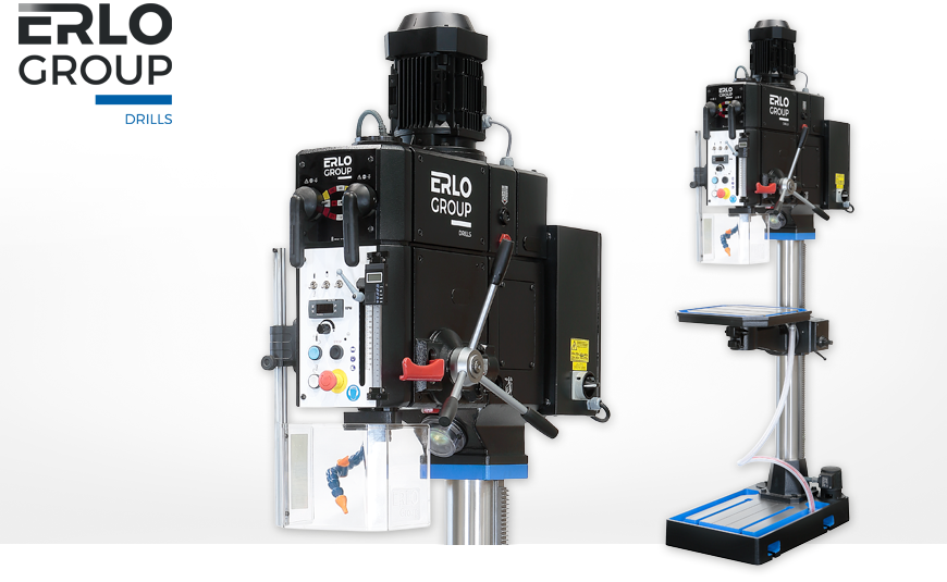 Getriebe-Säulenbohrmaschine ERLO AX 35 automatischen Bohrvorschüben, Kühlmittelanlage und höhenverstellbarem Dreh- und Kipptisch.
