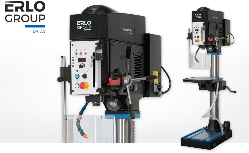 Säulenbohrmaschine ERLO AZ 35 mit kraftvollen V-Riemenantrieb, automatischen Bohrvorschüben, Kühlmittelanlage und höhenverstellbarem Dreh- und Kipptisch.