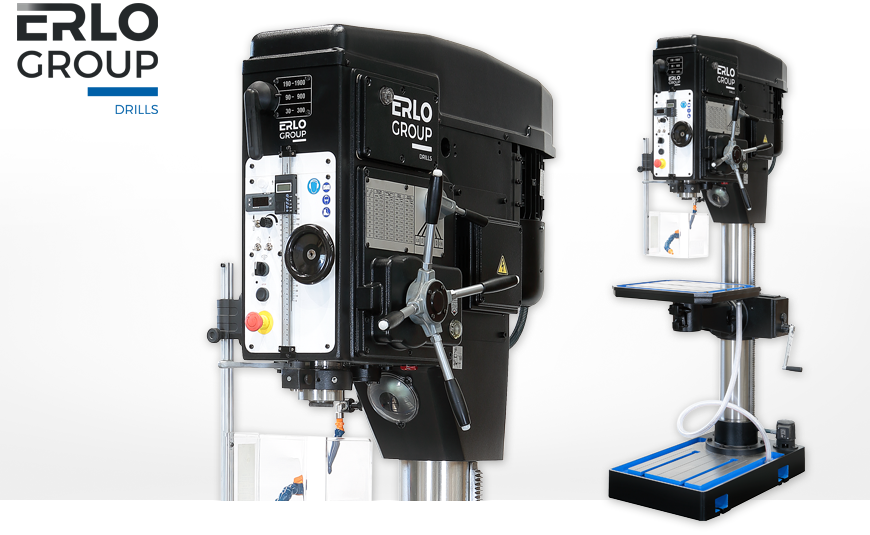 Riemen-Getriebe-Säulenbohrmaschine ERLO BC 50 VE mit automatischen Bohrvorschüben, Kühlmittelanlage und großem höhenverstellbarem Dreh- und Kipptisch mit T-Nuten.