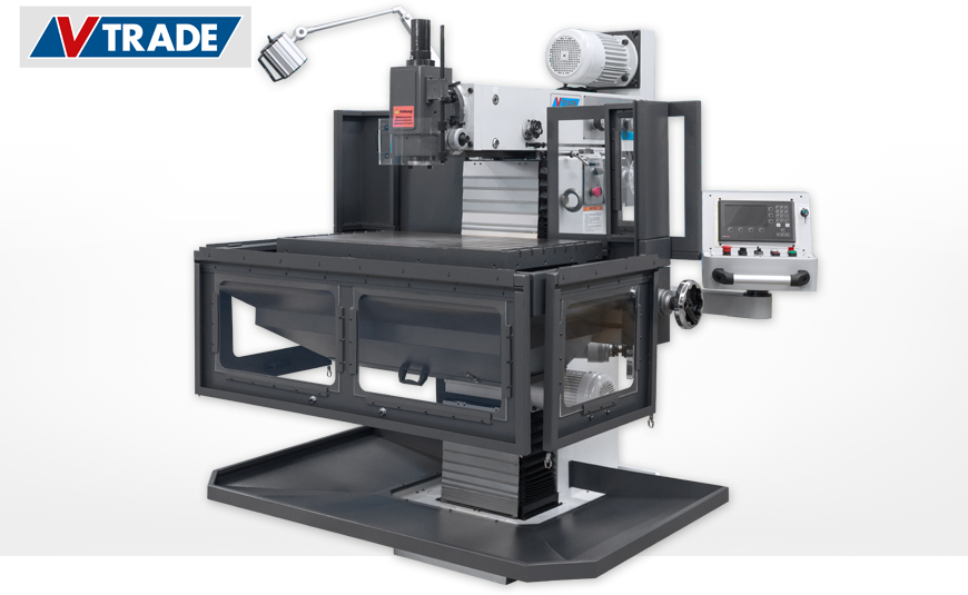 Konventionelle Werkzeugfräsmaschine V-TRADE WZ 600 optional mit 3-fach klappbarer Tischverkleidung und Reinigungsklappe unterm Tisch.