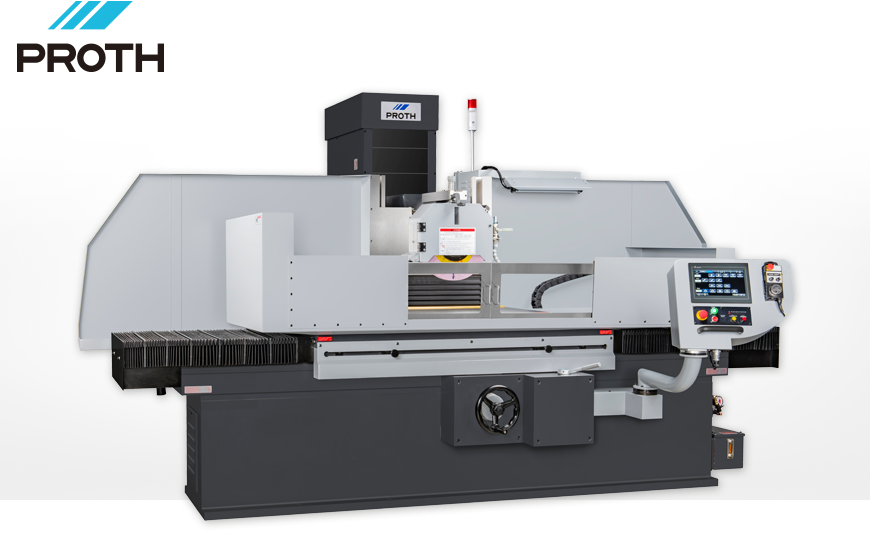 Flachschleifmaschine PROTH PSGC 50100 AHR mit Teil-Spritzschutzverkleidung und 2 Schiebetüren mit Sichtfenstern.