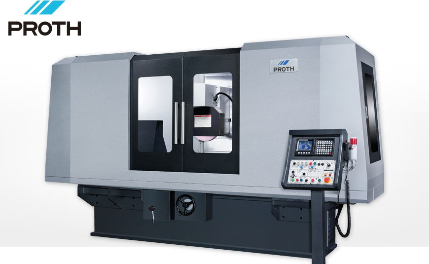 Flachschleifmaschine PROTH PSGC 60120 AHR mit Voll-Spritzschutzverkleidung und großen Schiebetüren mit Sichtfenstern.